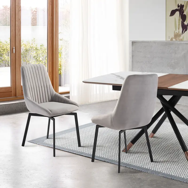 Susie Swivel Upholstered Dining Chair in Gray Fabric with Black Metal Legs - Set of 2 By Armen Living