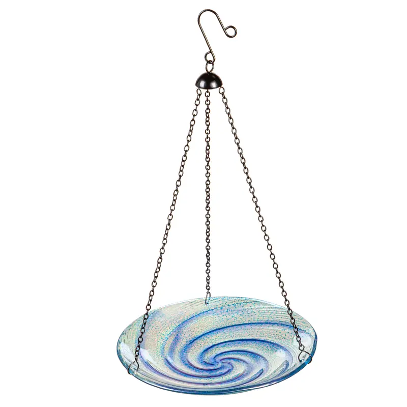 Swirl Glass Hanging Birdbath, Blue