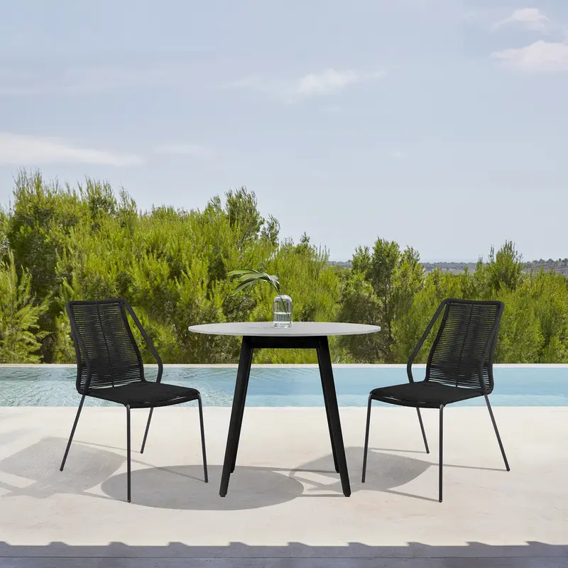Sydney and Clip 3 Piece Outdoor Patio 36" Dining Set in Black Eucalyptus Wood and Black Rope By Armen Living