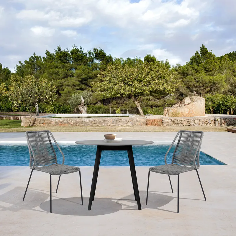Sydney and Clip 3 Piece Outdoor Patio 36" Dining Set in Black Eucalyptus Wood and Grey Rope By Armen Living