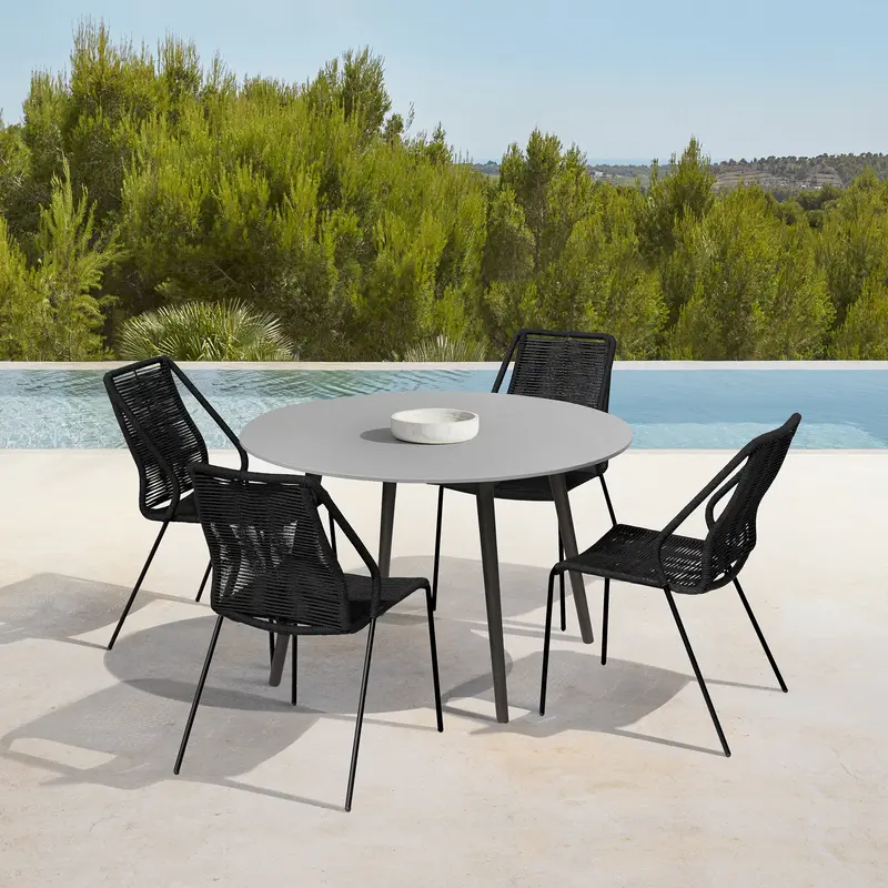 Sydney and Clip Outdoor Patio 5 Piece Dining Set in Black Rope with Black Eucalyptus Wood By Armen Living