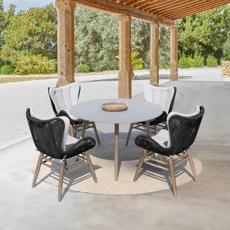 Sydney and Fanny 5 Piece Outdoor Patio Dining Set in Light Eucalyptus Wood with Charcoal Rope and Grey Cushions By Armen Living