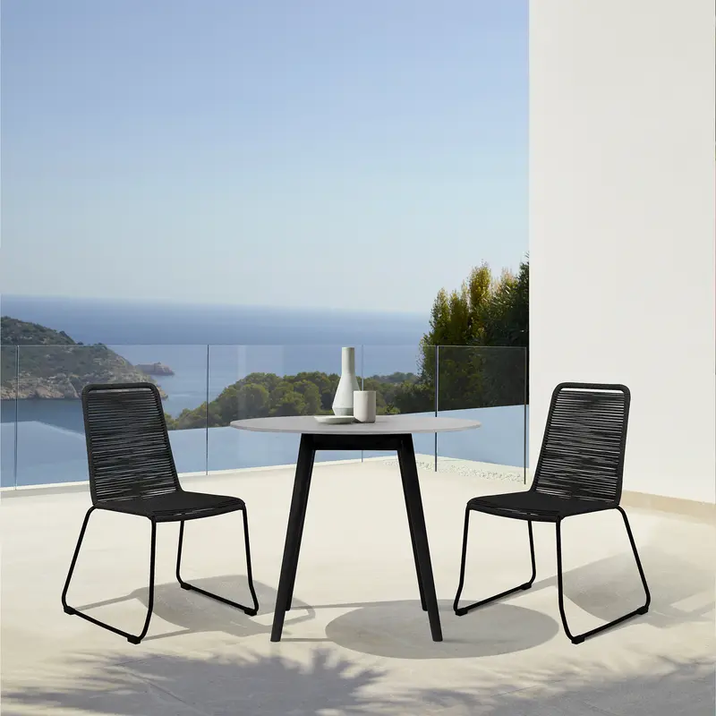 Sydney and Shasta 3 Piece Outdoor Patio 36" Dining Set in Black Eucalyptus Wood and Black Rope By Armen Living