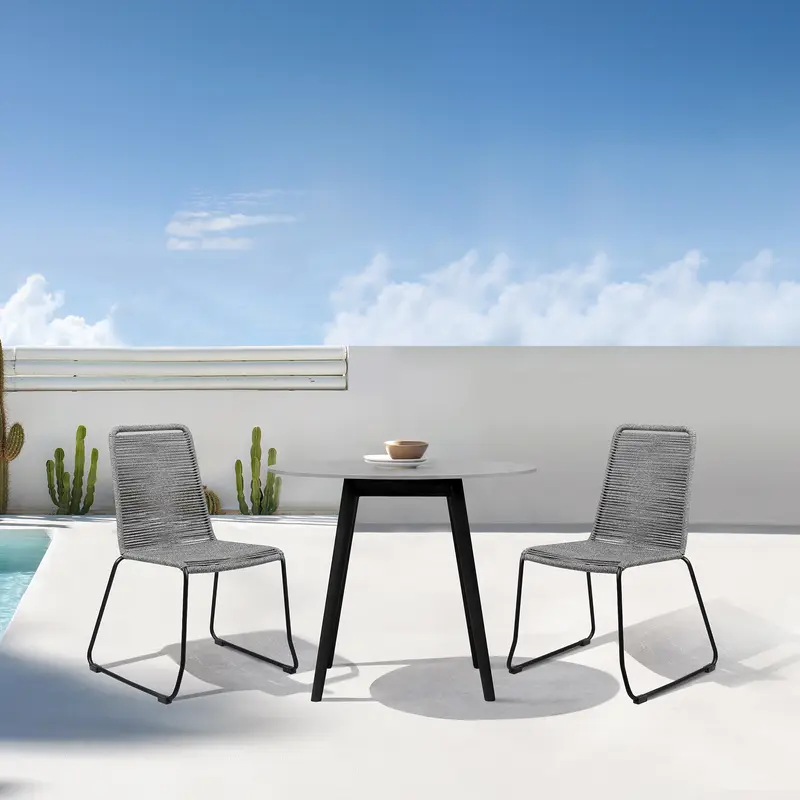 Sydney and Shasta 3 Piece Outdoor Patio 36" Dining Set in Black Eucalyptus Wood and Grey Rope By Armen Living