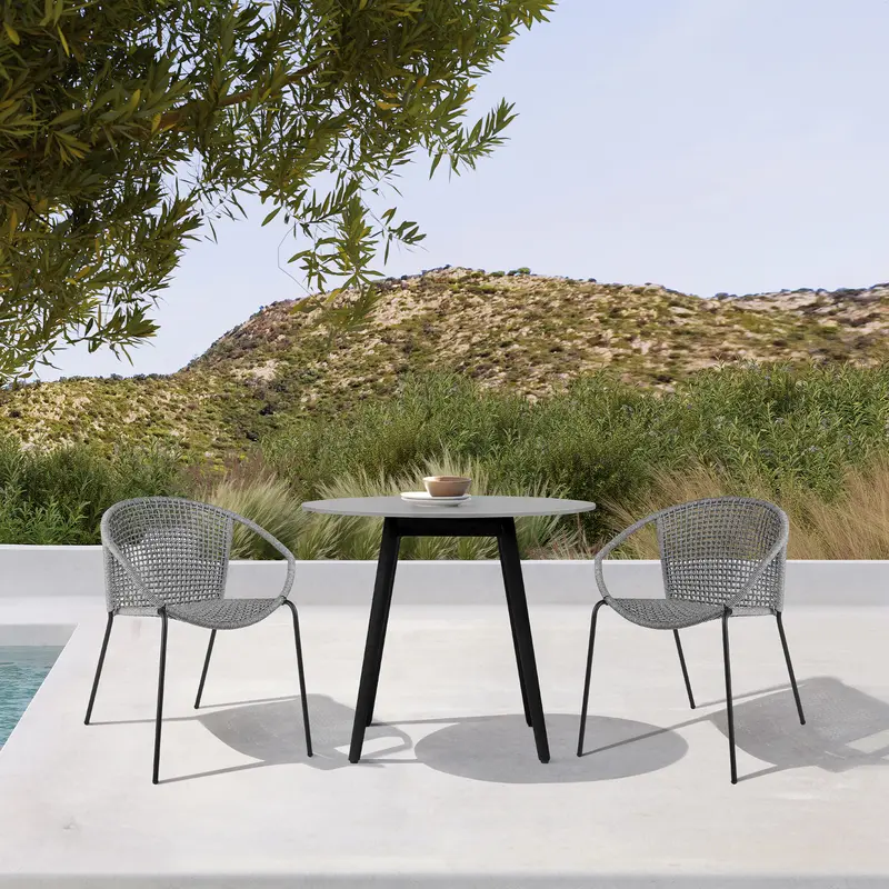 Sydney and Snack 3 Piece Outdoor Patio 36" Dining Set in Black Eucalyptus Wood and Grey Rope By Armen Living
