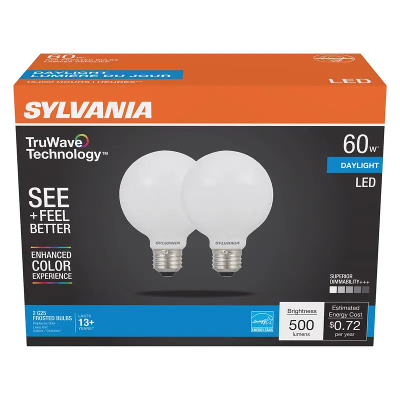 Sylvania TruWave G25 E26 (Medium) LED Bulb Daylight 60 Watt Equivalence 2 pk - Open Box
