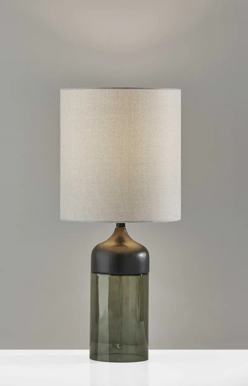 Tall Black Wood Smoked Glass Base with Lightly Textured Round Shade Table Lamp By Homeroots