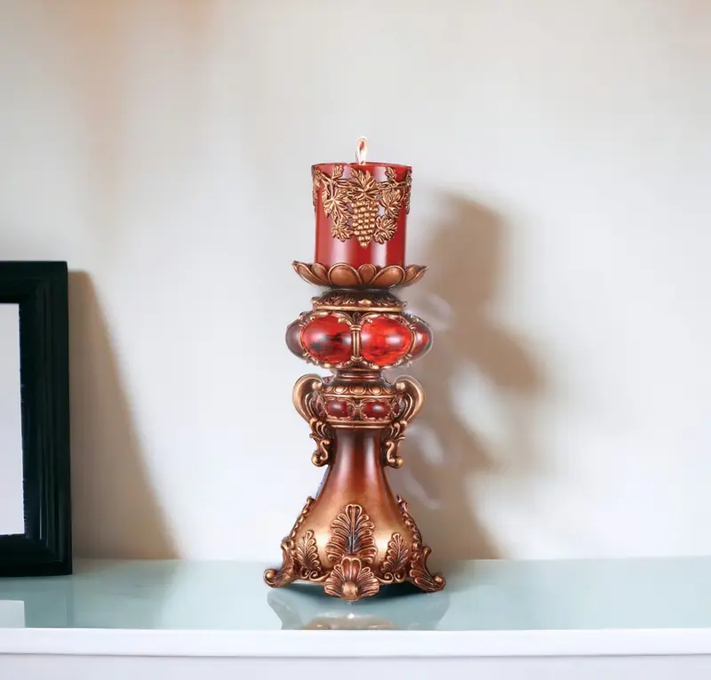 Tall Red and Brown Faux Marble Candle Holder with Candle By Homeroots