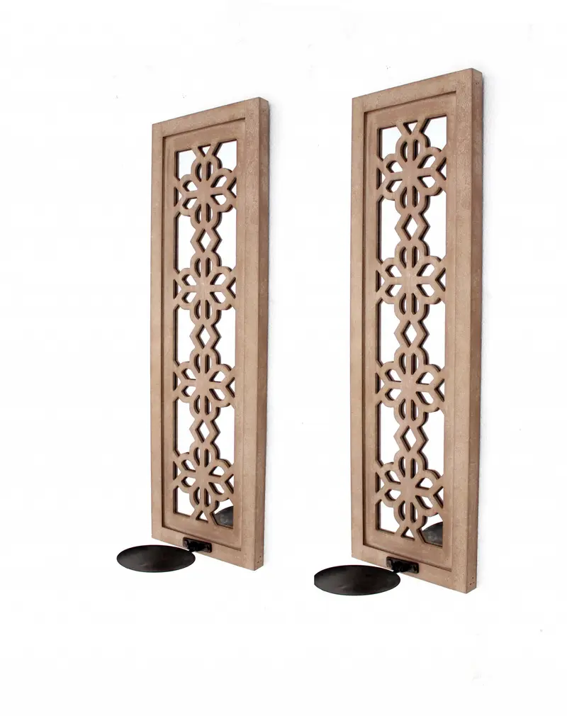 Tan Rustic Lattice Mirrors - Candle Holder Sconce Set By Homeroots