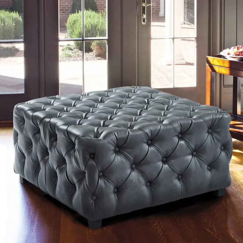 Taurus Contemporary Ottoman in Gray Faux Leather with Wood Legs By Armen Living