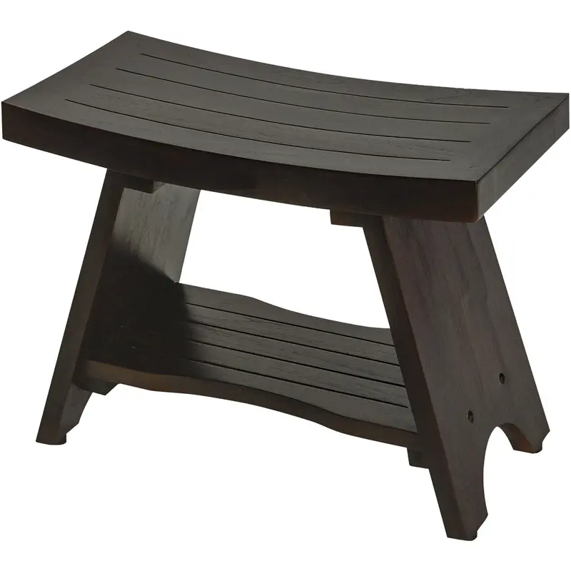 Teak Rectangular Shower Bench with Shelf in Brown Finish By Homeroots