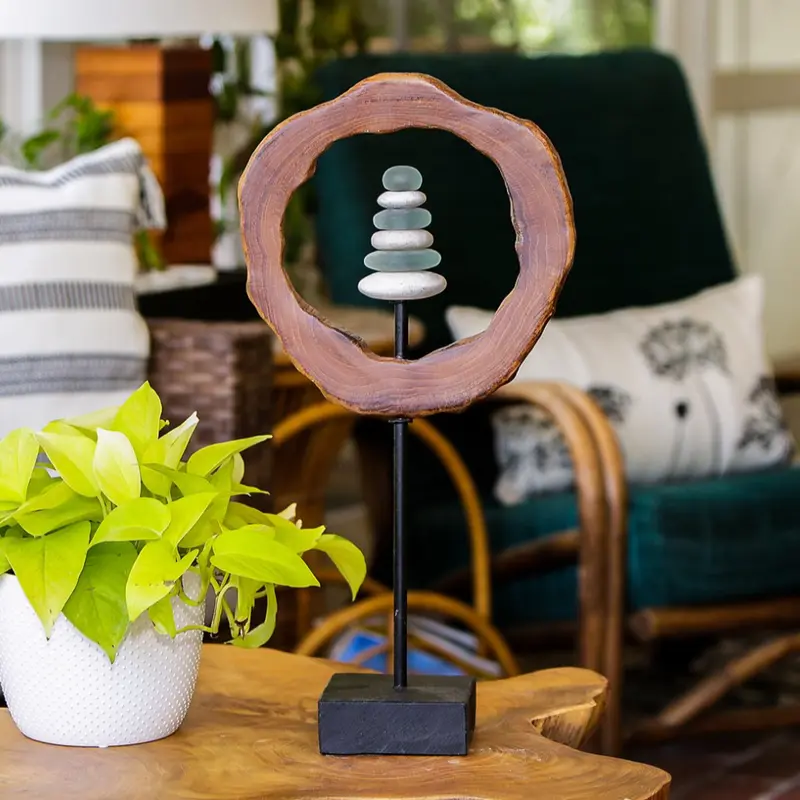 Teak Slab Ring Glass Cairn Set of 4 By Garden Age Supply