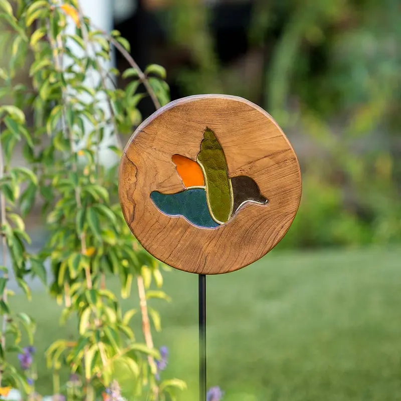Teak Slab Stained Glass Bird Garden Stake Set of 4 By Garden Age Supply