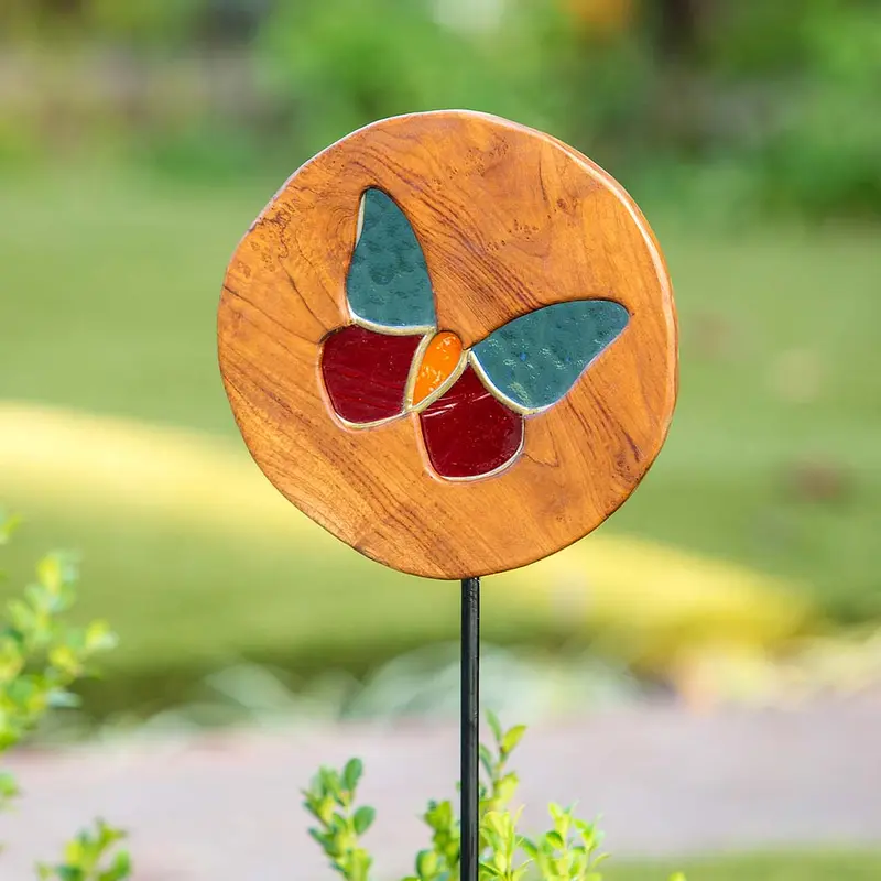 Teak Slab Stained Glass Butterfly Garden Stake Set of 4 By Garden Age Supply