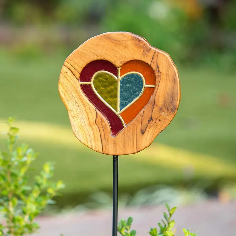 Teak Slab Stained Glass Heart Garden Stake Set of 4 By Garden Age Supply