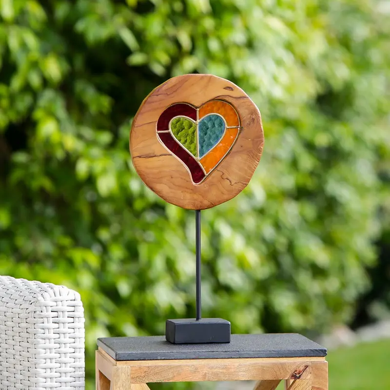 Teak Slab Stained Glass Heart Set of 2 By Garden Age Supply