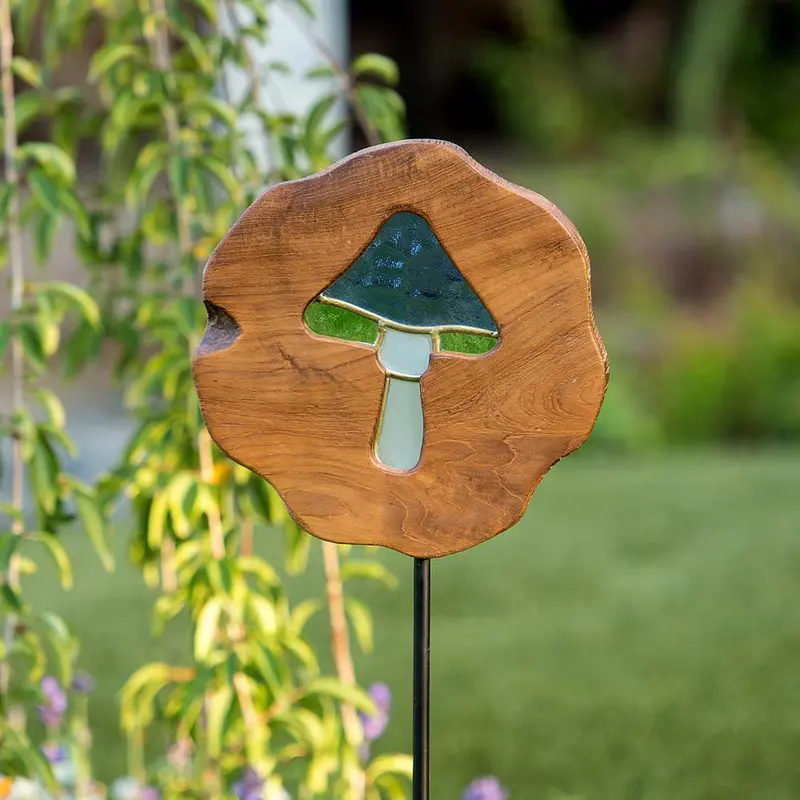 Teak Slab Stained Glass Mushroom Garden Stake Set of 4 By Garden Age Supply