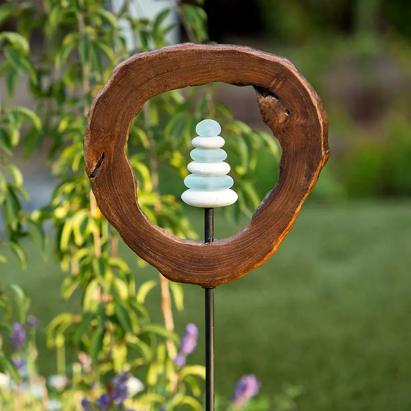 Teak Slab w/ Glass Cairn Garden Stake Set of 4 By Garden Age Supply