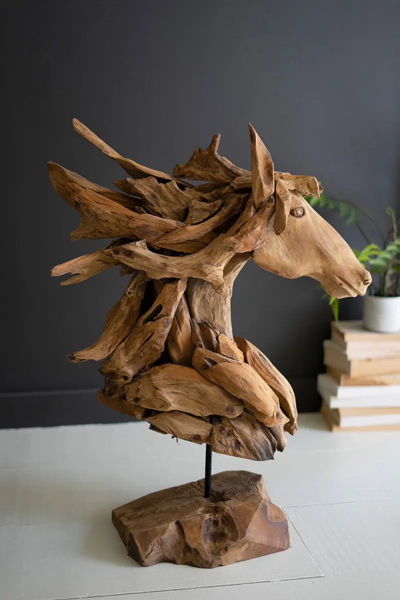 Teakwood Horse Head Sculpture With Iron Base By Kalalou