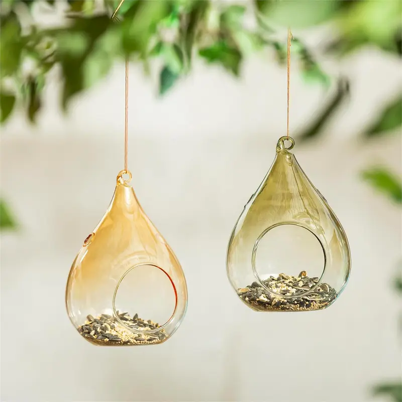 Tear Drop Glass Bird Feeder, 6"H, Set
