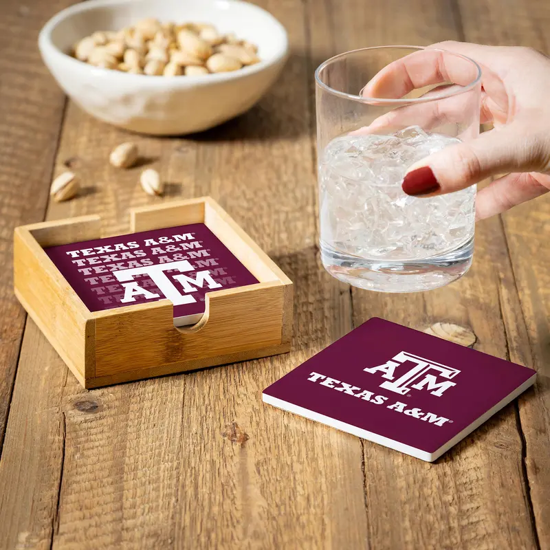 Texas A&M Ceramic Coasters Set, 4pcs with Wood Caddy