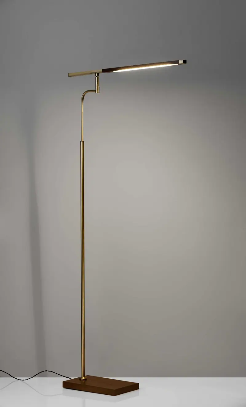 Thin Silhouette Adjustable LED Floor Lamp with Walnut Wood Finish and Antique Brass Accents By Homeroots