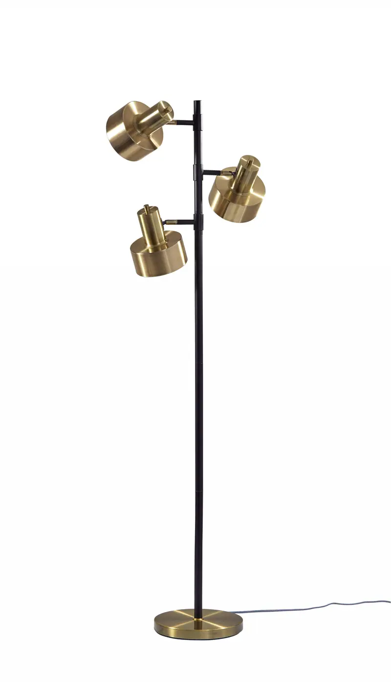 Three Light Floor Lamp with Matte Black Pole and Adjustable Antique Brass Metal Shades By Homeroots