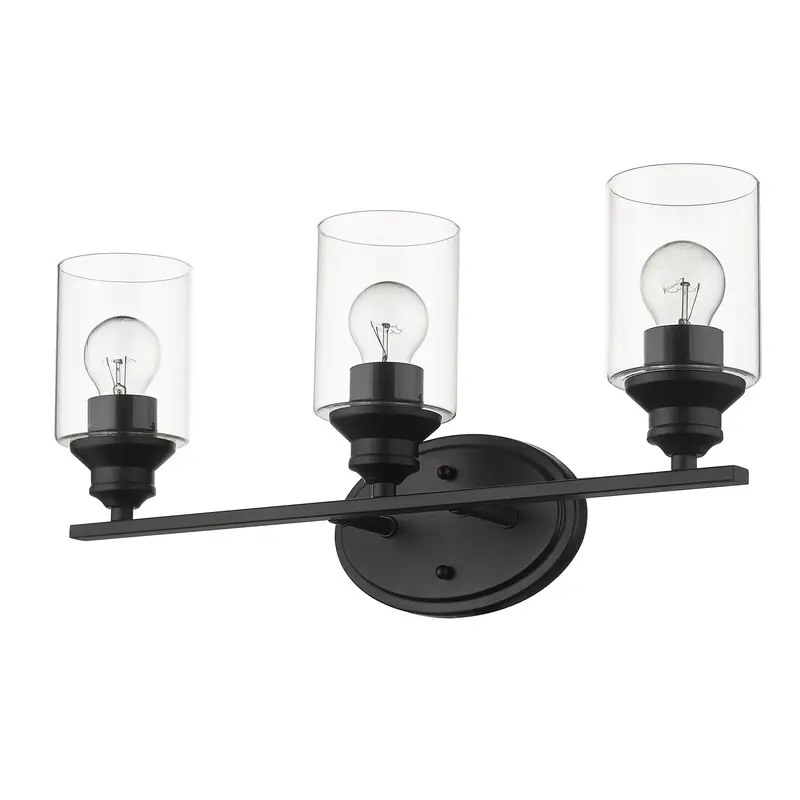 Three Light Matte Black Wall Light with Clear Glass Shade By Homeroots