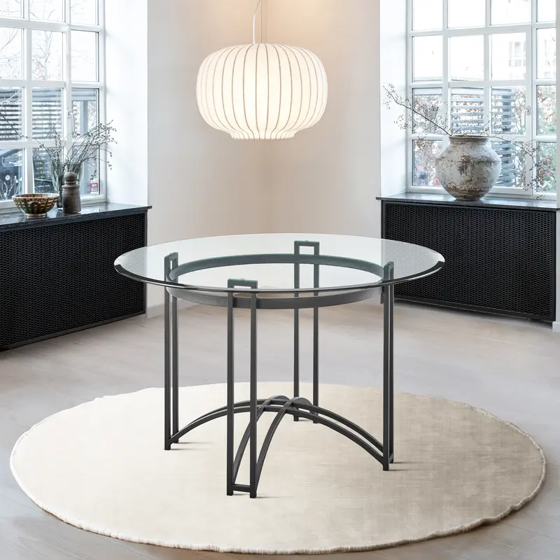 Tibet Contemporary Round Glass Dining Table with Matte Black Iron Base By Armen Living