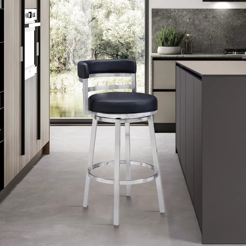 Titana 26" Counter Height Swivel Black Faux Leather and Brushed Stainless Steel Bar Stool By Armen Living