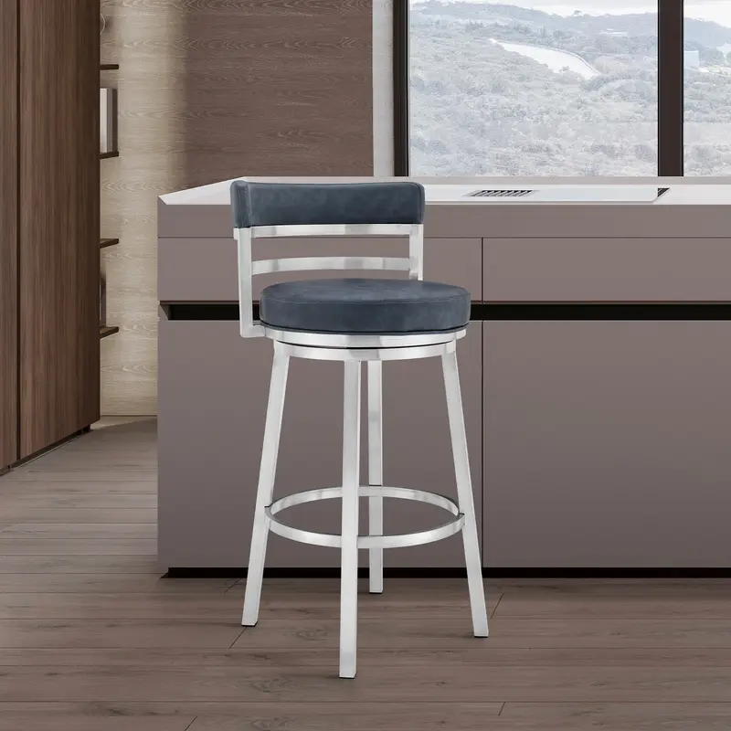 Titana 30" Bar Height Swivel Blue Faux Leather and Brushed Stainless Steel Bar Stool By Armen Living
