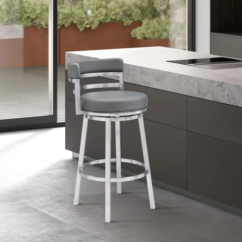 Titana 30" Bar Height Swivel Grey Faux Leather and Brushed Stainless Steel Bar Stool By Armen Living