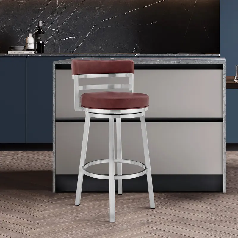 Titana 30" Bar Height Swivel Red Faux Leather and Brushed Stainless Steel Bar Stool By Armen Living
