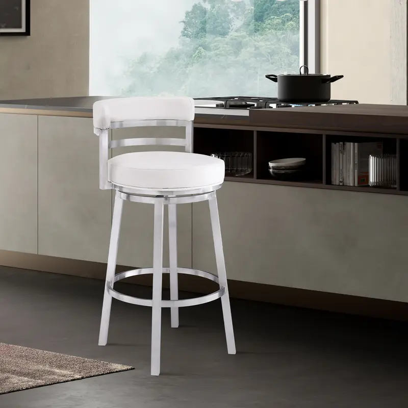 Titana 30" Bar Height Swivel White Faux Leather and Brushed Stainless Steel Bar Stool By Armen Living