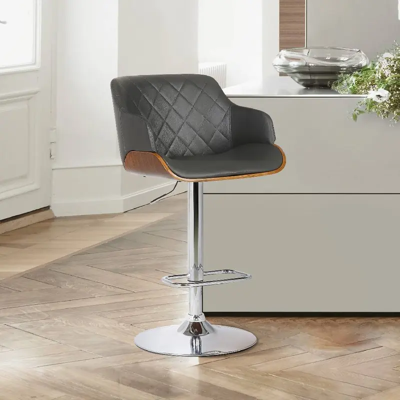 Toby Grey Faux Leather Adjustable Height Swivel Walnut Wood and Chrome Bar Stool By Armen Living