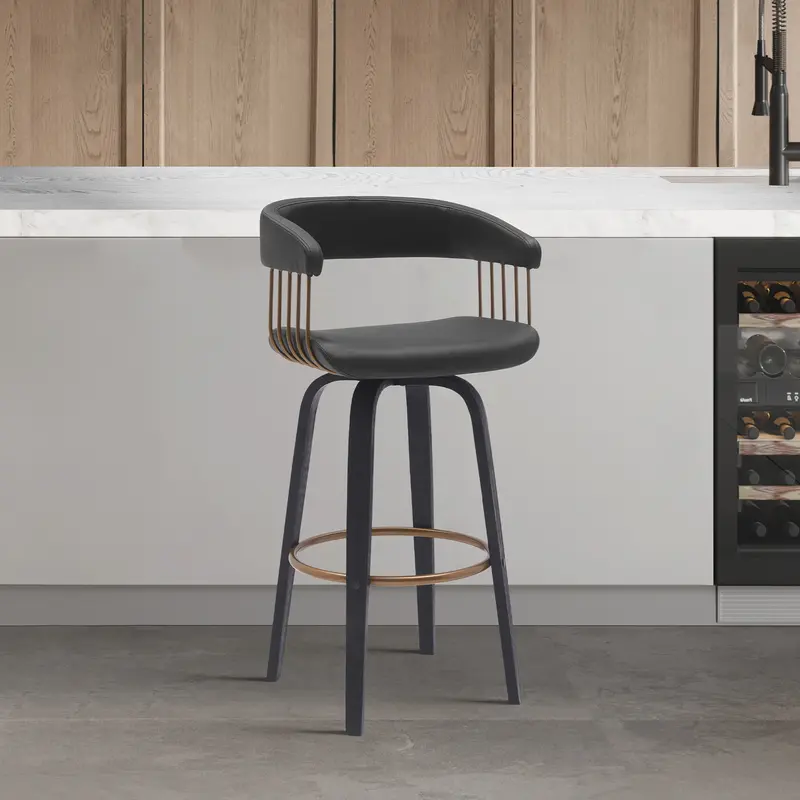 Topanga 30.5" Swivel Black Wood Bar Stool in Black Faux Leather with Golden Bronze Metal By Armen Living