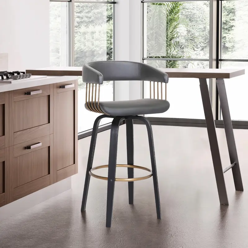 Topanga 30.5" Swivel Black Wood Bar Stool in Grey Faux Leather with Golden Bronze Metal By Armen Living