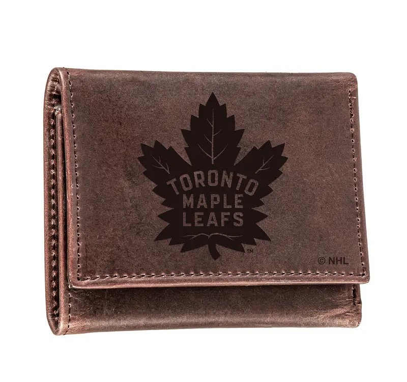 Toronto Maple Leafs, Tri-Fold Wallet, Brown, CH, 100% Genuine Leather
