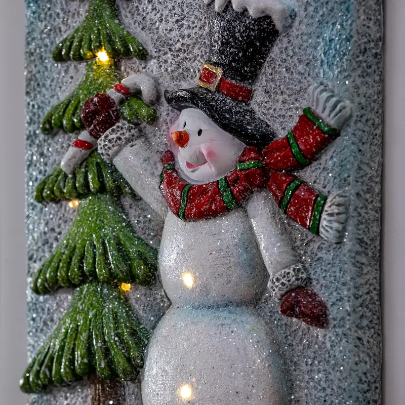 Traditional Santa Wall Decor, LED MGO Textured Wall, Snowman with Tree
