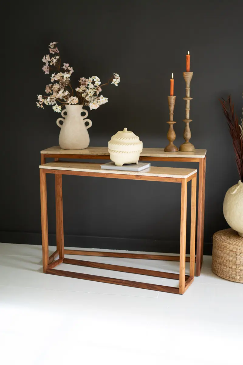 Travertine Console Tables With Wood Bases Set Of 2 By Kalalou