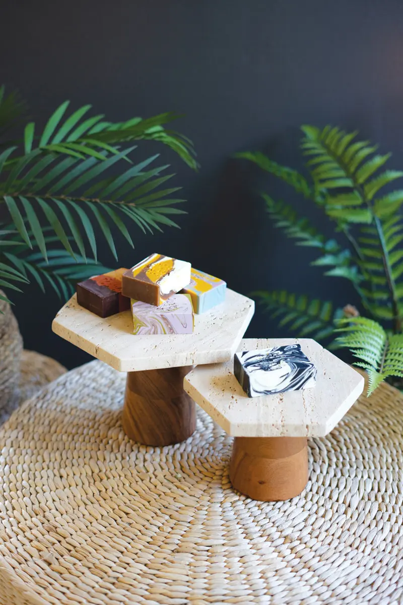 Travertine Display Pedestals W Mango Wood Bases Set Of 2 By Kalalou