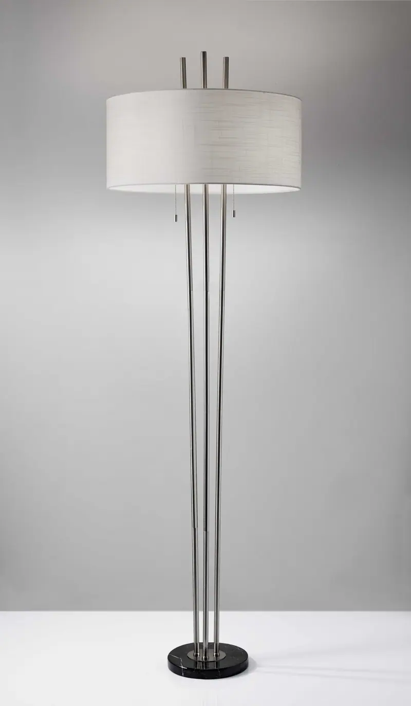 Triple Steel Pole Floor Lamp with Stylish Floating White Fabric Shade Silhouette By Homeroots