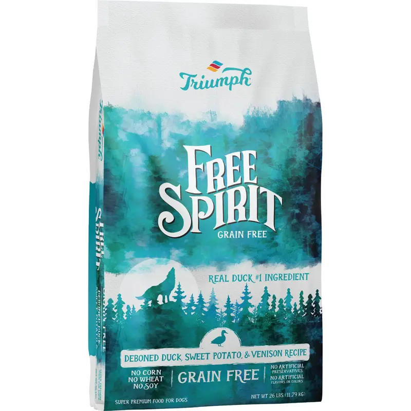 Triumph Free Spirit Grain Free Dog Food Duck and Sweet Potato Recipe Premium Dry Food 26 lb