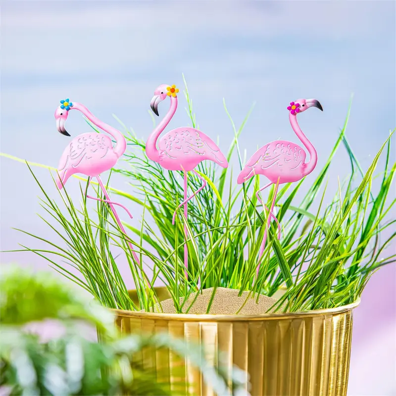 Tropical Oasis Metal Flamingo Plant Pick, 3 Styles, 16 Of Each, 48PCS in Bucket Display