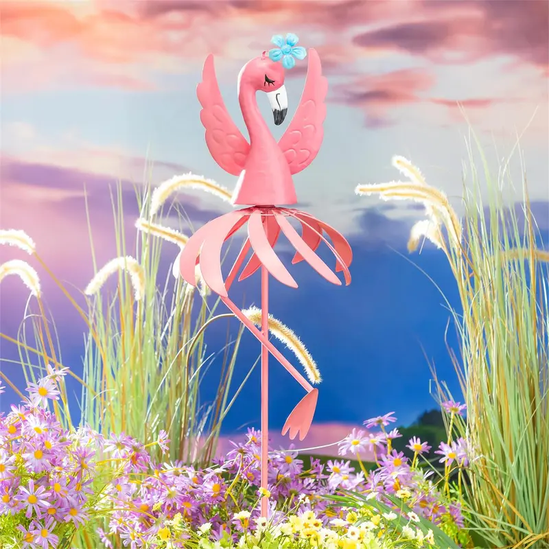 Tropical Oasis Metal Flamingo Wind Spinner 38"H