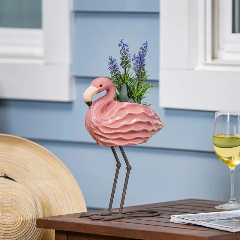 Tropical Oasis Planter, Ceramic Flamingo, 11"