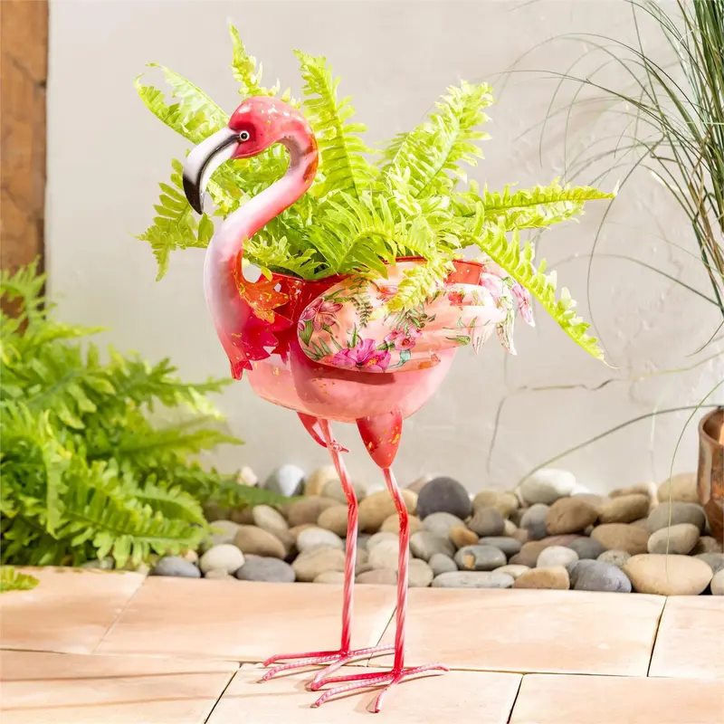 Tropical Oasis Planter, Metal Floral Flamingo, 16"