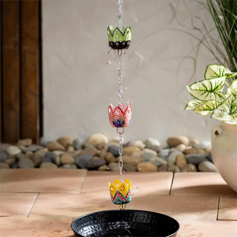 Tropical Oasis Rain Chain, Hand Painted Metal Basket, 96"