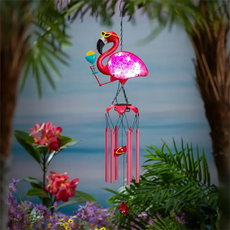 Tropical Oasis Wind Chime, Metal Flutter Flamingo, 38"