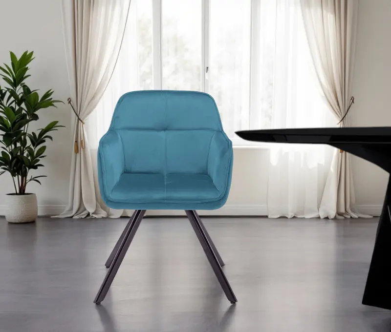 Tufted Blue And Black Velvet and Metal Dining Arm Chair By Homeroots